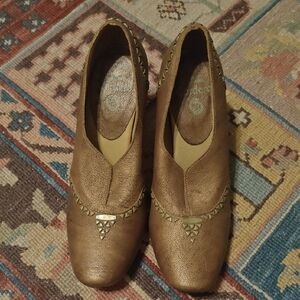 Calleen Cordero metallic brown heels with Rounded Toe and metal studs